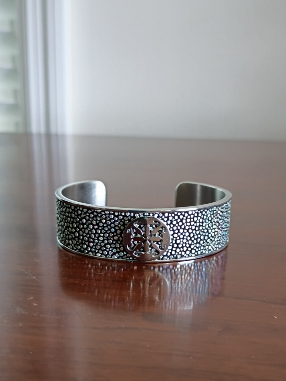 Rustic Cuff Silver Iridescent Cuff Bracelet with Center Medallion